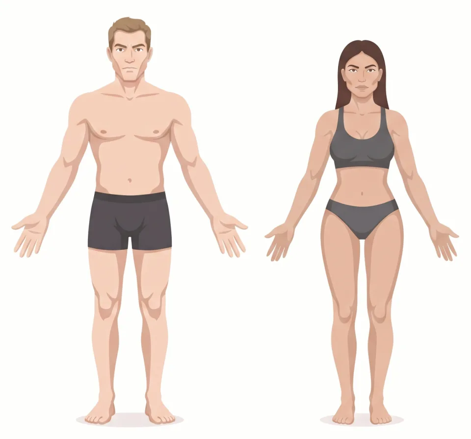 Ilustración de un hombre y una mujer de biotipo colérico: un control permite verlos desde su peso natural hasta con sobrepeso, con el tronco más ancho y las piernas casi igual