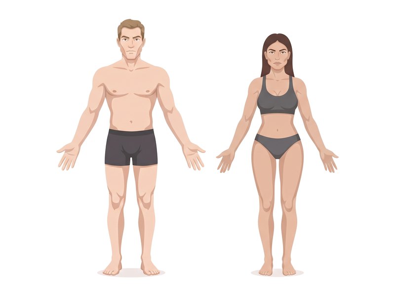 Ilustración del biotipo colérico: hombre y mujer de cuerpo atlético, fibroso y musculado