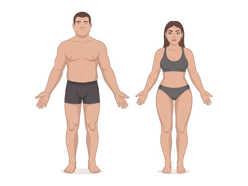 Ilustración del biotipo flemático: hombre y mujer de cuerpo grande, blando y redondeado