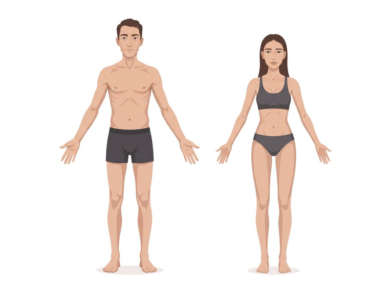 Ilustración del biotipo melancólico: hombre y mujer de cuerpo delgado, enjuto y anguloso