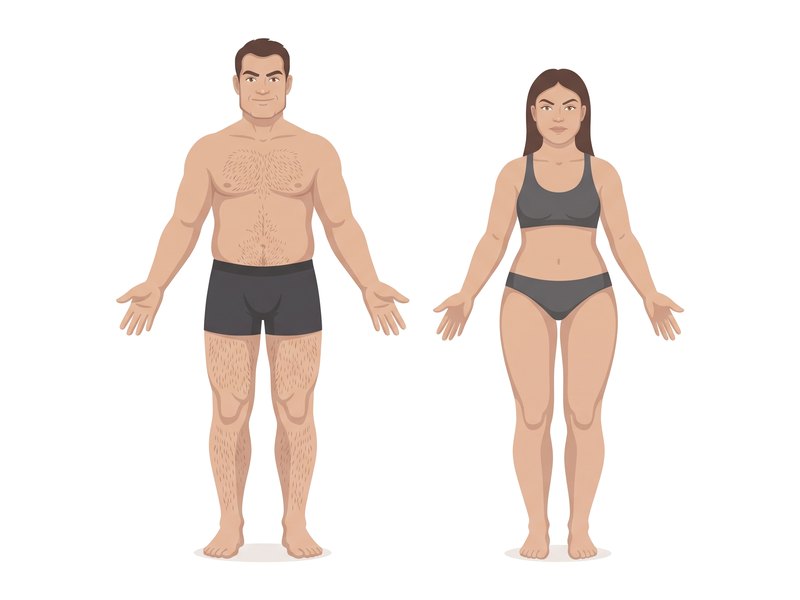 Ilustración del biotipo sanguíneo: hombre y mujer de cuerpo robusto y redondeado