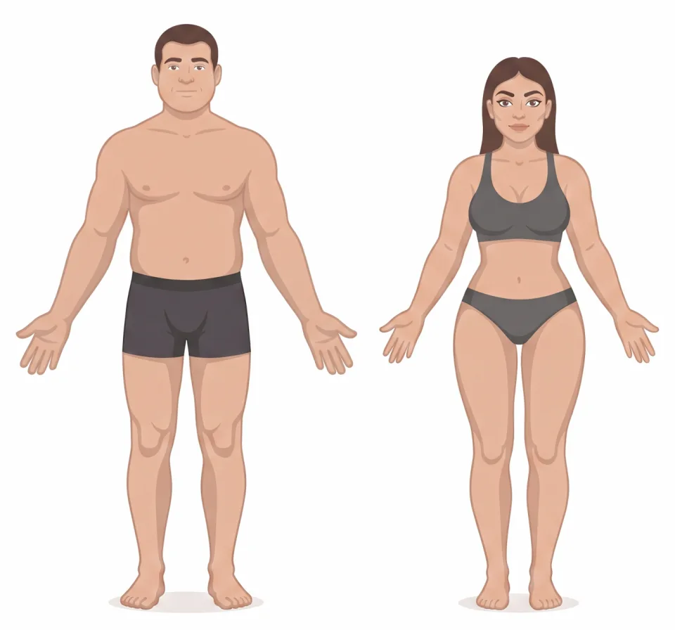 Ilustración de un hombre y una mujer de biotipo flemático: un control permite verlos desde su peso natural hasta con sobrepeso, con la grasa repartida bajo la piel por todo el cuerpo