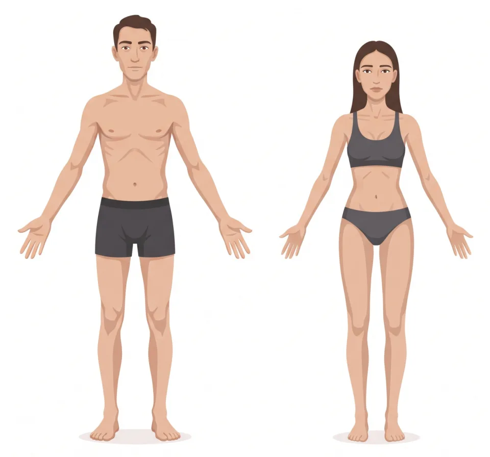 Ilustración de un hombre y una mujer de biotipo melancólico: un control permite verlos desde su peso natural, delgados, hasta con sobrepeso, con barriga en él y cartucheras en ella
