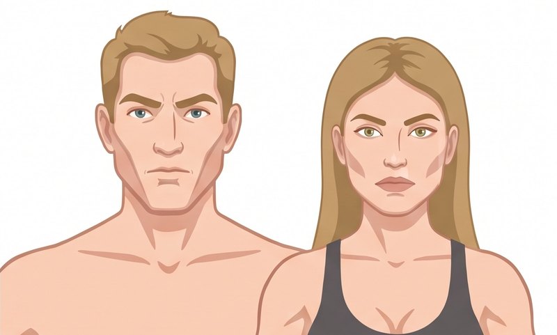Ilustración del rostro colérico: hombre y mujer de rostro anguloso, pómulos marcados y mirada intensa