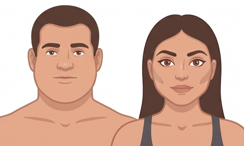 Ilustración del rostro flemático: hombre y mujer de rostro redondo y lleno, piel lisa y ojos grandes