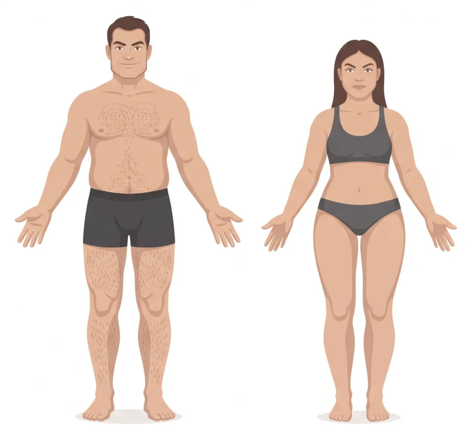 Ilustración de un hombre y una mujer de biotipo sanguíneo: un control permite verlos desde su peso natural hasta con sobrepeso, con todo el cuerpo más voluminoso