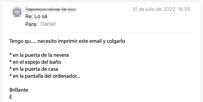 Email de un lector de la newsletter: «Tengo que… necesito imprimir este email y colgarlo en la puerta de la nevera, en el espejo del baño, en la puerta de casa, en la pantalla del ordenador… Brillante.»